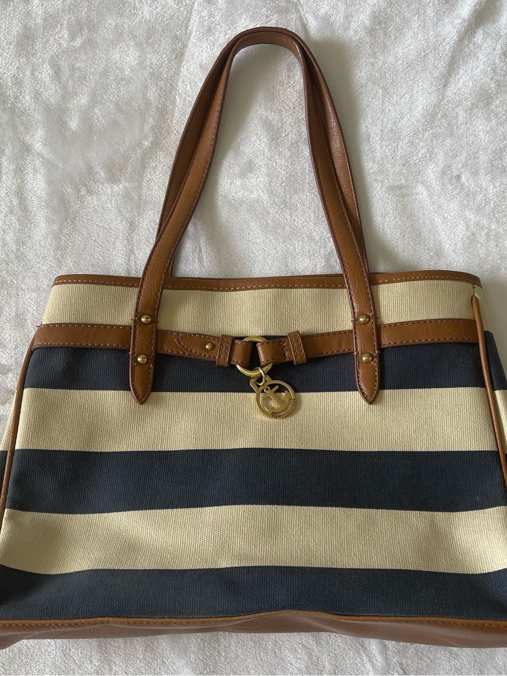 Tommy Hilfiger Blue and Cream Striped Canvas Shoulder Tote with Tan Trim